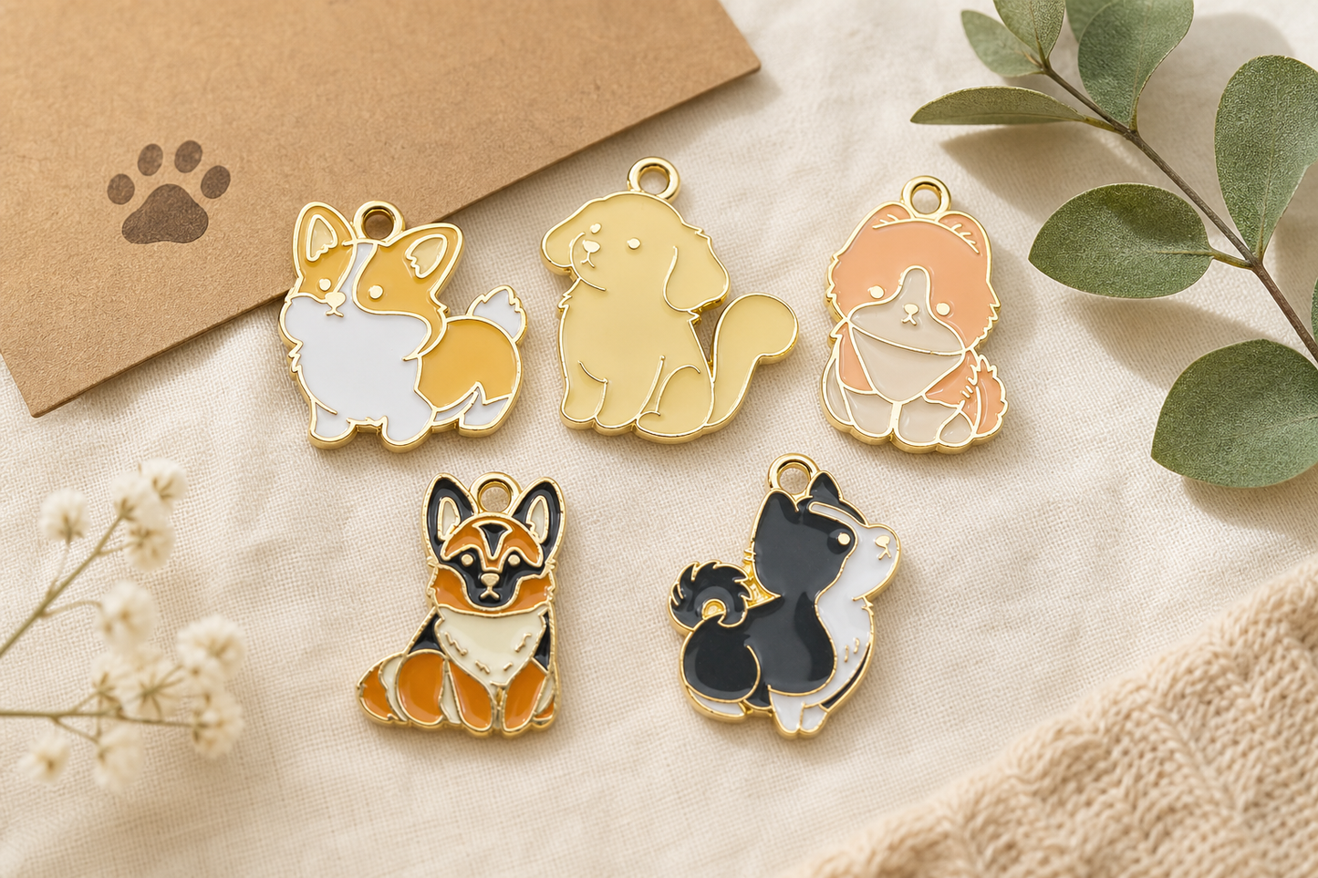 Puppy Pals Enamel Charm Set – 5 Cute Dog Charms